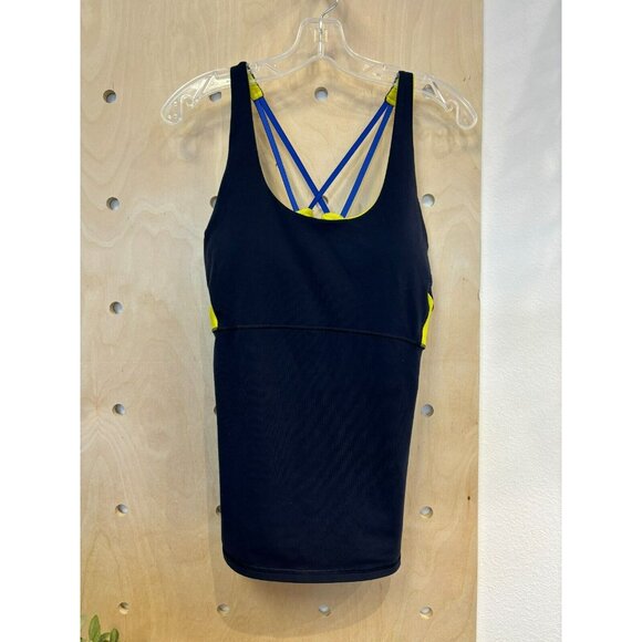 Athleta Navy Blue & Yellow Start Up Tank Padded Athletic Top Size L - Picture 3 of 8